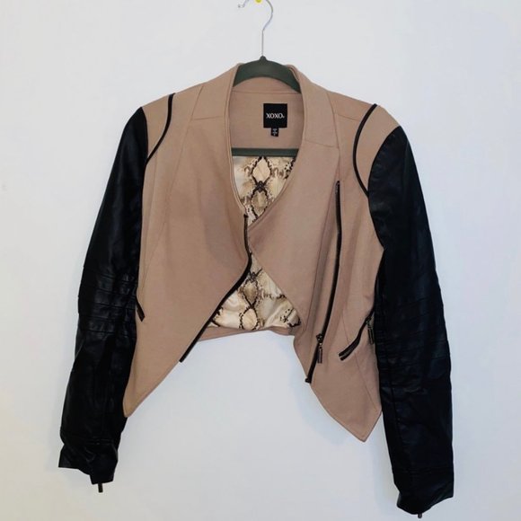 XOXO size small black leather sleeve tan jacket - Picture 2 of 4